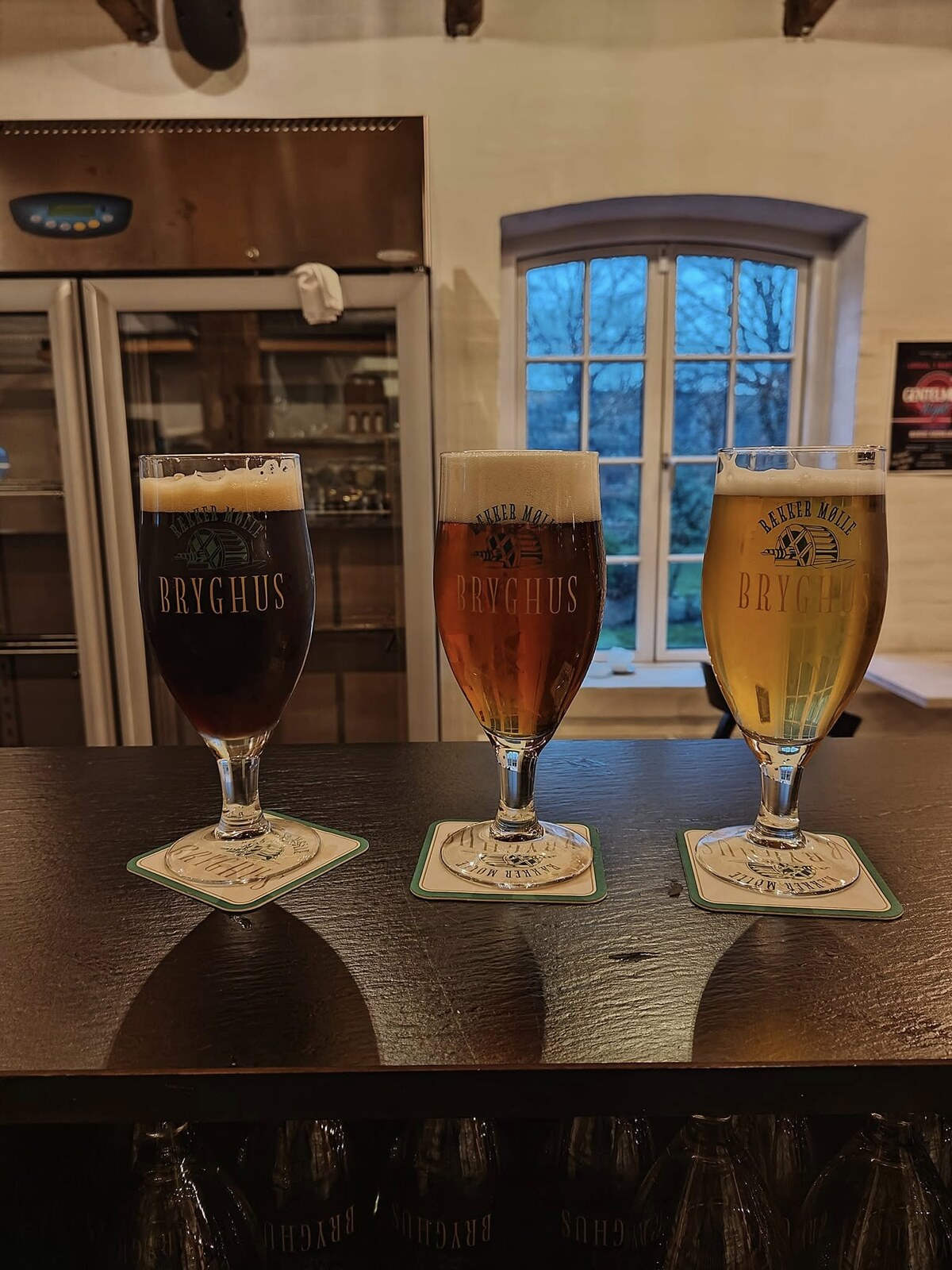 Tre glas fadøl fra Rækker Mølle Bryghus